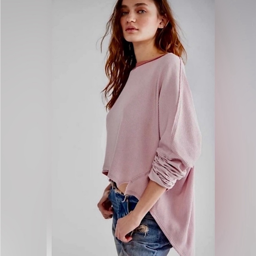 Free People Jayson Ringer Waffle Tee Pink long  Sleeve